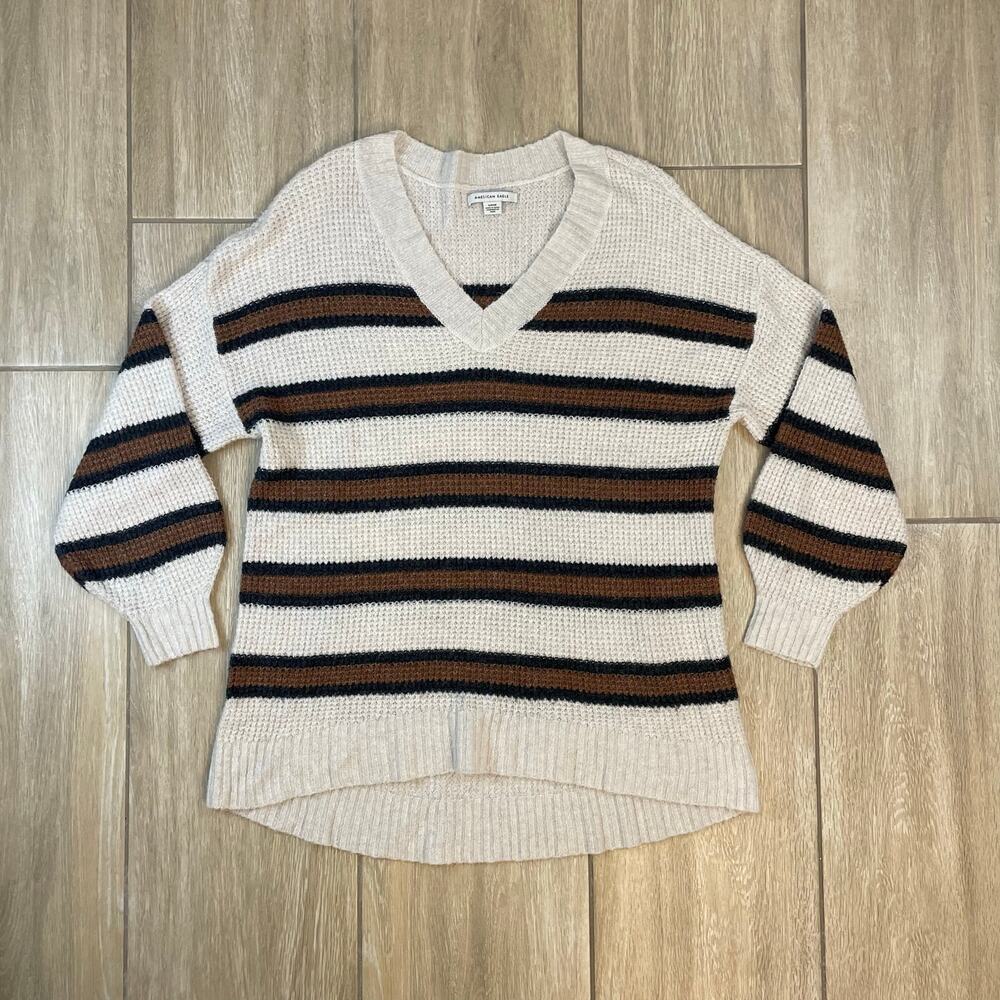 American Eagle Striped V-Neck Sweater Neutral Brown Cream Size Small
